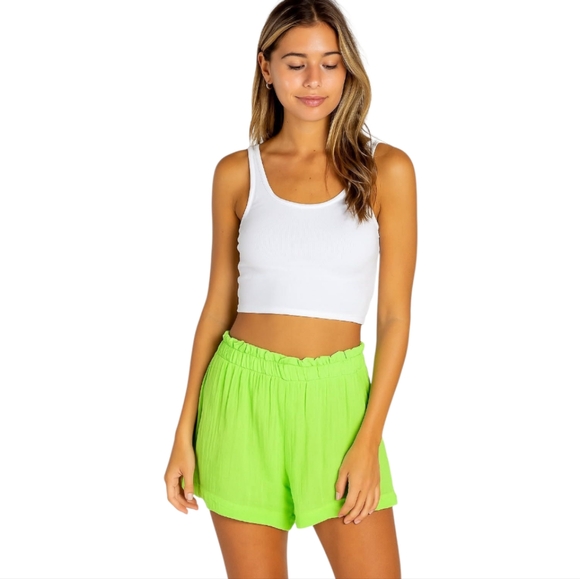 Stark X Pants - STARKX Elastic High Waist Short Crinkle Gauze Cotton Lime Green Pockets L 9 10